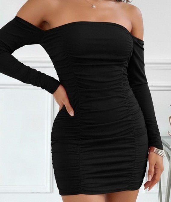 Kadın Uzun Kollu Omuzlardan Açık Takma Kollu Büzgülü Sandy Kısa Elbise Kadın Uzun Kollu Omuzlardan Açık Takma Kollu Büzgülü Sandy Kısa Elbise