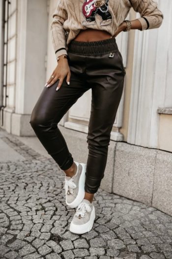 Kadın Yüksek Bel Lastikli Cepli Deri Pantolon