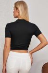 Kadın Siyah Yarım Fermuarlı ve Kısa Kollu Crop Top Bluz