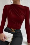 Kadın Bordo Belden ve Boyundan Büzgü Detaylı Uzun Kollu Bluz
