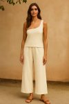 Kadın Beyaz Tek Omuzlu Şık Bluz & Geniş Paça Pantolon İkili Takım