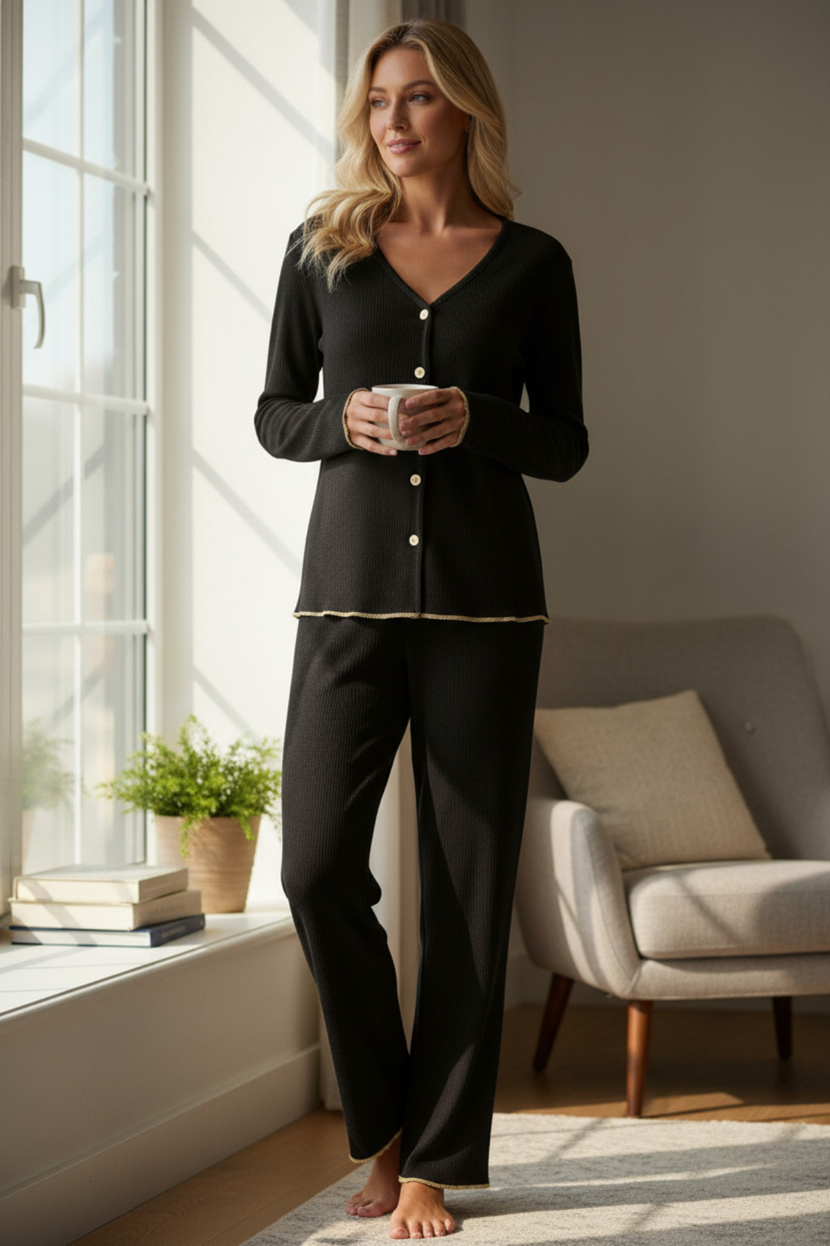 Premium Kadın Fitilli Pijama Takımı – Siyah Gold Biye Detaylı Premium Kadın Fitilli Pijama Takımı – Siyah Gold Biye Detaylı