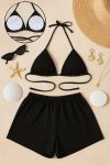 Kadın Siyah Şortlu Belden ve Boyundan Bağlamalı Bikini Takımı