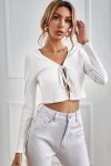 Kadın Beyaz Uzun Kollu Önden Bağlama Detaylı Crop Top Bluz