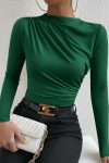 Kadın Yeşil Belden ve Boyundan Büzgü Detaylı Uzun Kollu Bluz