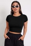 Kadın Siyah Yuvarlak Yaka Yarım Kol Crop Top Bluz