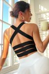 Kadın Siyah Sırtı Çapraz Lastik Detaylı Crop Top Bluz