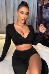 Kadın Siyah Uzun Kol Göğüs ve Göbek Dekolteli Fermuarlı Crop Top Bluz