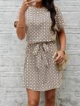Kadın Kısa Kollu Yuvarlak Yaka Beli Kuşaklı Geometrik Desenli Süprem Elbise