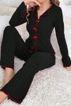 Kadın Siyah Kırmızı Biyeli ve Fiyonklu Uzun Kollu Mevsimlik Pijama Takımı