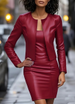 Kadın Uzun Kollu önü Açık Deri Ceket Ve Askılı Yuvarlak Yakalı Mini Elbise Ikili Takım