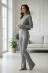 Kadın Fitilli Eşofman Takımı – Gri Boğazlı Crop Üst & İspanyol Paça Pantolon