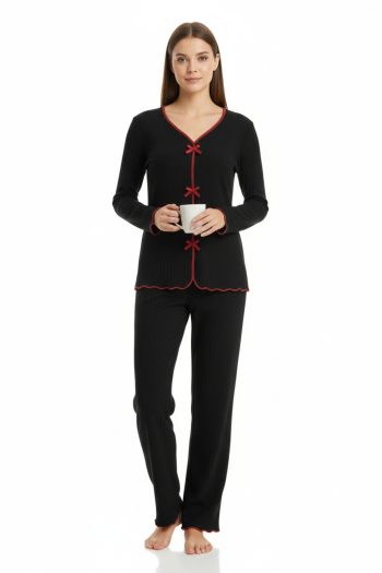 Premium Kadın 4’lü Fitilli Set – Siyah Kırmızı Biyeli (Pijama Üst