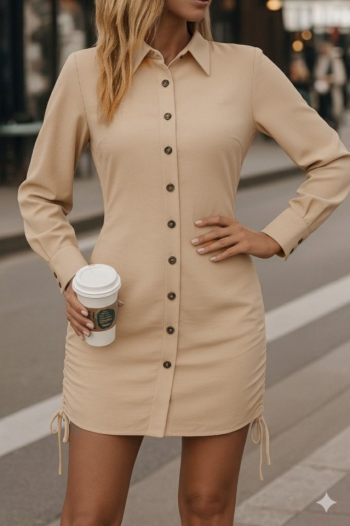 Kadın Uzun Kollu Gömlek Yaka önden Düğmeli Yanlardan Büzgülü Kısa Aerobin Elbise