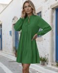 Kadın Uzun Kollu Yakadan Bağcıklı Fırfırlı Keten Mini Elbise