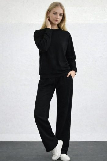 Kadın Uzun Kollu Bisiklet Yaka Viskon Iki Iplik Bluz Ve Pantolon Ikili Takım