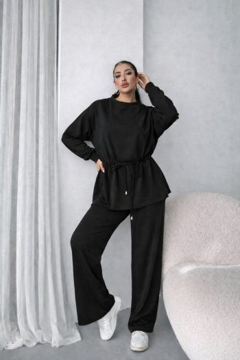 Kadın Uzun Kollu Bisiklet Yaka Belden Büzgülü Bağcıklı Viskon Iki Iplik Bluz Ve Pantolon Ikili Takım