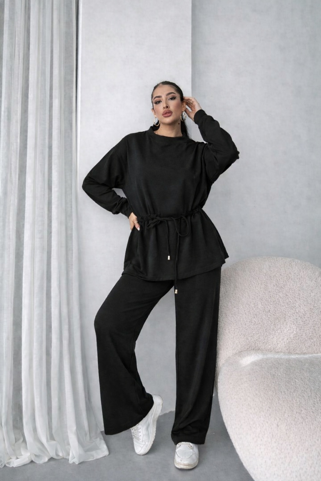 Kadın Uzun Kollu Bisiklet Yaka Belden Büzgülü Bağcıklı Viskon Iki Iplik Bluz Ve Pantolon Ikili Takım Kadın Uzun Kollu Bisiklet Yaka Belden Büzgülü Bağcıklı Viskon Iki Iplik Bluz Ve Pantolon Ikili Takım