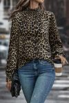 Kadın Uzun Kollu Gipe Detaylı Balıkçı Yaka Leopar Desenli Süprem Bluz