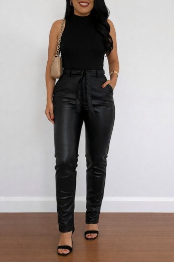 Kadın Yüksek Bel Kuşaklı Deri Pantolon