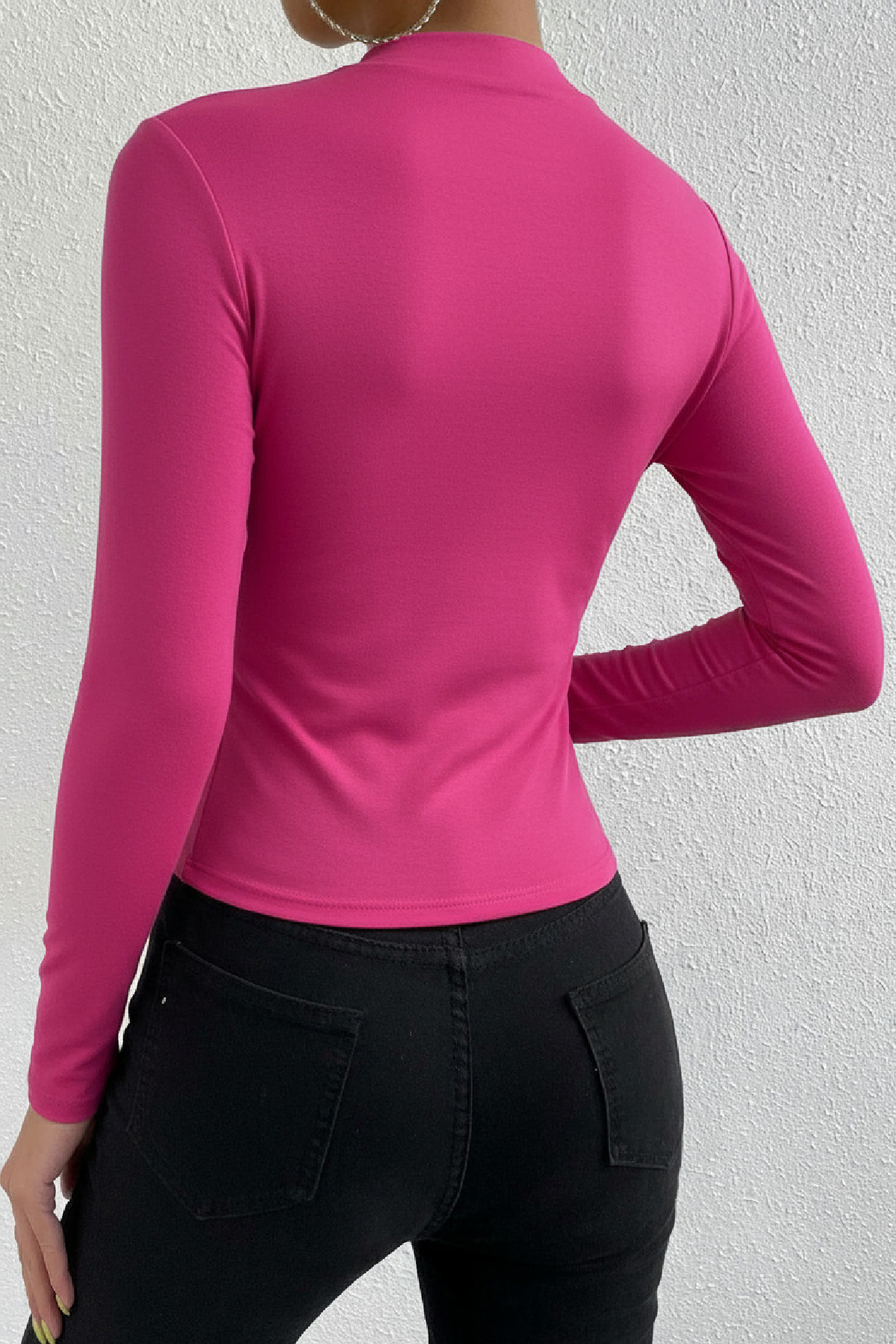 Kadın Fuşya Belden ve Boyundan Büzgü Detaylı Uzun Kollu Bluz Kadın Fuşya Belden ve Boyundan Büzgü Detaylı Uzun Kollu Bluz
