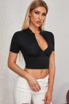 Kadın Siyah Yarım Fermuarlı ve Kısa Kollu Crop Top Bluz