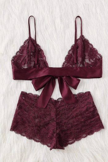 Kadın Bordo Dantelli & Kurdelalı Sütyen Külot Takımı