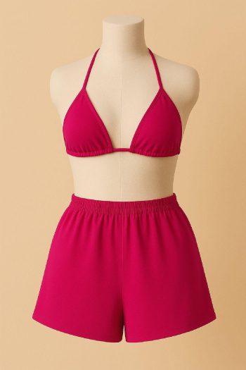 Kadın Fuşya Şortlu Belden ve Boyundan Bağlamalı Bikini Takımı