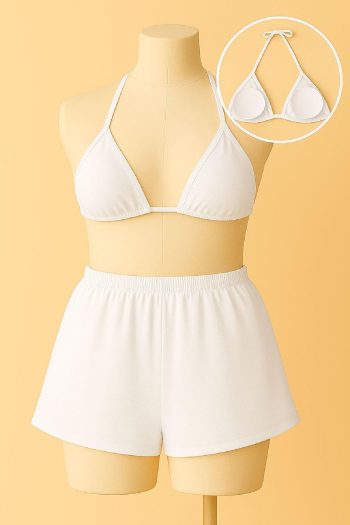 Kadın Beyaz Şortlu Belden ve Boyundan Bağlamalı Bikini Takımı