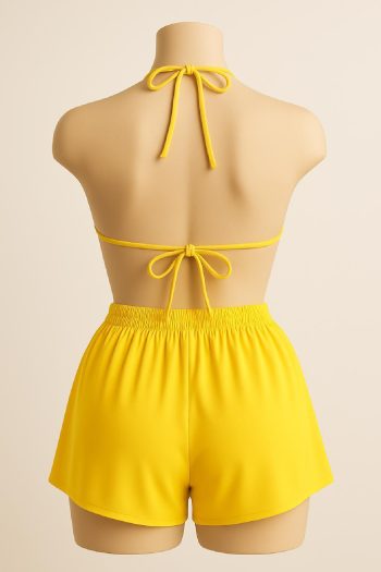 Kadın Sarı Şortlu Belden ve Boyundan Bağlamalı Bikini Takımı