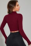 Kadın Bordo Uzun Kol Fermuarlı Parmak Geçme Detaylı Dik Yaka Crop Top Bluz