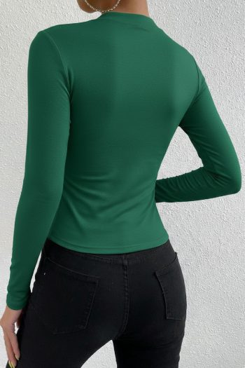 Kadın Yeşil Belden ve Boyundan Büzgü Detaylı Uzun Kollu Bluz