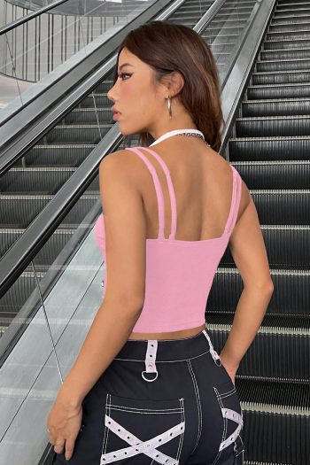 Kadın Pembe Beyaz Çift Renk Çapraz Askılı Crop Top Bluz