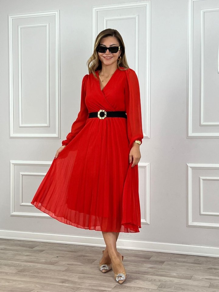 Kadın şifon Kumaş Astalı Kloş Kesim Kruvaze Yaka Midi Boy Elbise Kadın şifon Kumaş Astalı Kloş Kesim Kruvaze Yaka Midi Boy Elbise