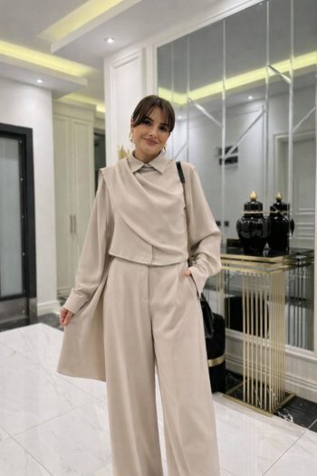 Kadın Uzun Kollu şal Detaylı Bluz Ve Pantolon Kemer Dahil Ikili Takım