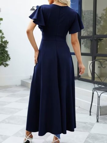 Kadın Kısa Kollu Kruvaze Yakalı ön Asimetrik Volanlı Uzun Ithal Krep Elbise