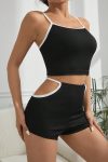Kadın Siyah Beyaz Şortlu Cut-Out Detaylı Gecelik Takımı