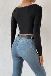 Kadın Siyah Uzun Kol Göğüs Dekolteli Şık Crop Top Bluz