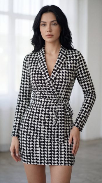 Kadın Uzun Kollu Kruvaze Yaka Bağlamalı Kemer Dalgıç Mini Boy Elbise