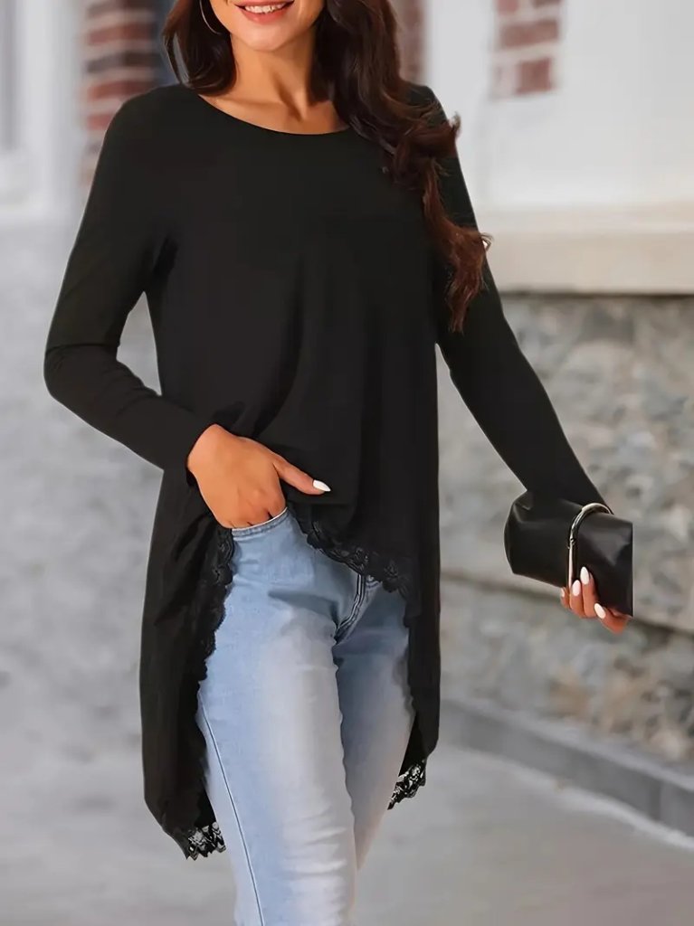 Kadın Uzun Kollu Bisiklet Yaka Asimetrik Kesim Detaylı Dantelli Viskon Bluz Kadın Uzun Kollu Bisiklet Yaka Asimetrik Kesim Detaylı Dantelli Viskon Bluz