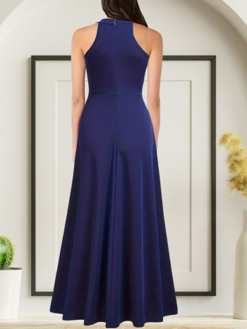 Kadın Halter Yaka Derin Yırtmaç Detaylı Tam Boy Janjan Krep Abiye Elbise