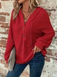 Kadın Uzun Kollu Kapşonlu önü Düğmeli Ve Bağcıklı Waffle Bluz
