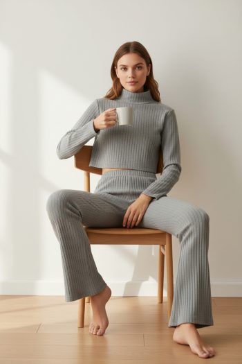 Kadın Fitilli Eşofman Takımı – Gri Boğazlı Crop Üst & İspanyol Paça Pantolon