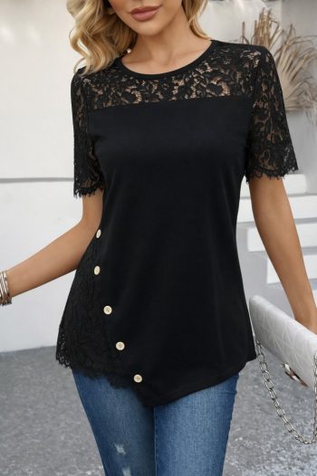 Kadın Kısa Kollu Dantel Detaylı Yandan Düğmeli Waffle Bluz
