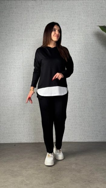 Kadın Uzun Kollu Kapşonlu Bağcıklı Viskon Iki Iplik Bluz Ve Pantolon Ikili Takım