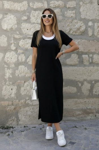 Kadın Kısa Kollu Içi Atlet Görünümlü Yandan Yırtmaçlı Uzun Viskon Elbise