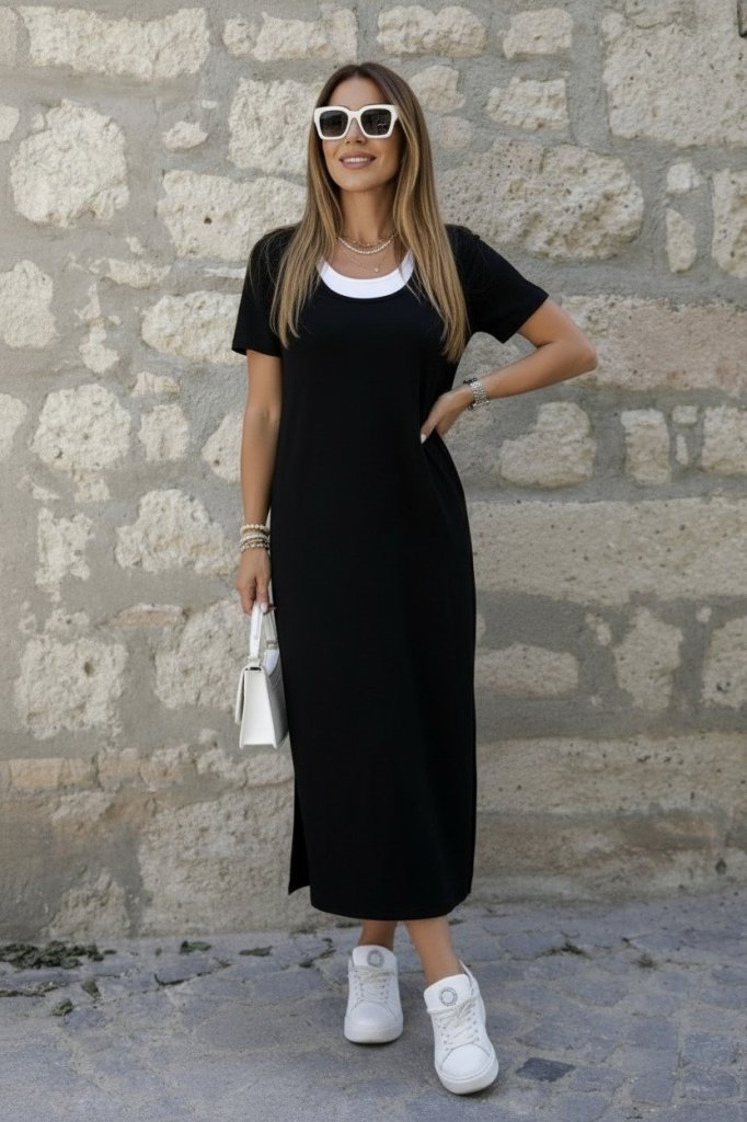 Kadın Kısa Kollu Içi Atlet Görünümlü Yandan Yırtmaçlı Uzun Viskon Elbise Kadın Kısa Kollu Içi Atlet Görünümlü Yandan Yırtmaçlı Uzun Viskon Elbise