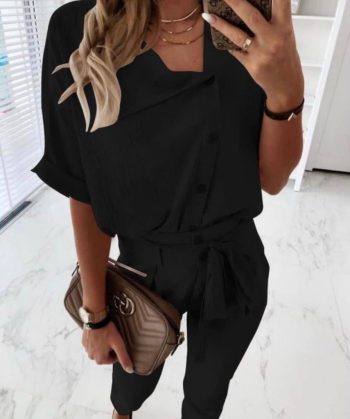 Kadın Kısa Kollu Yakalı önden Düğmeli Bürümcük Bluz Ve Pantolon Ikili Takım