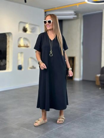 Kadın Kısa Kollu V Yakalı Cep Detaylı Uzun Viskon Iki Iplik Elbise