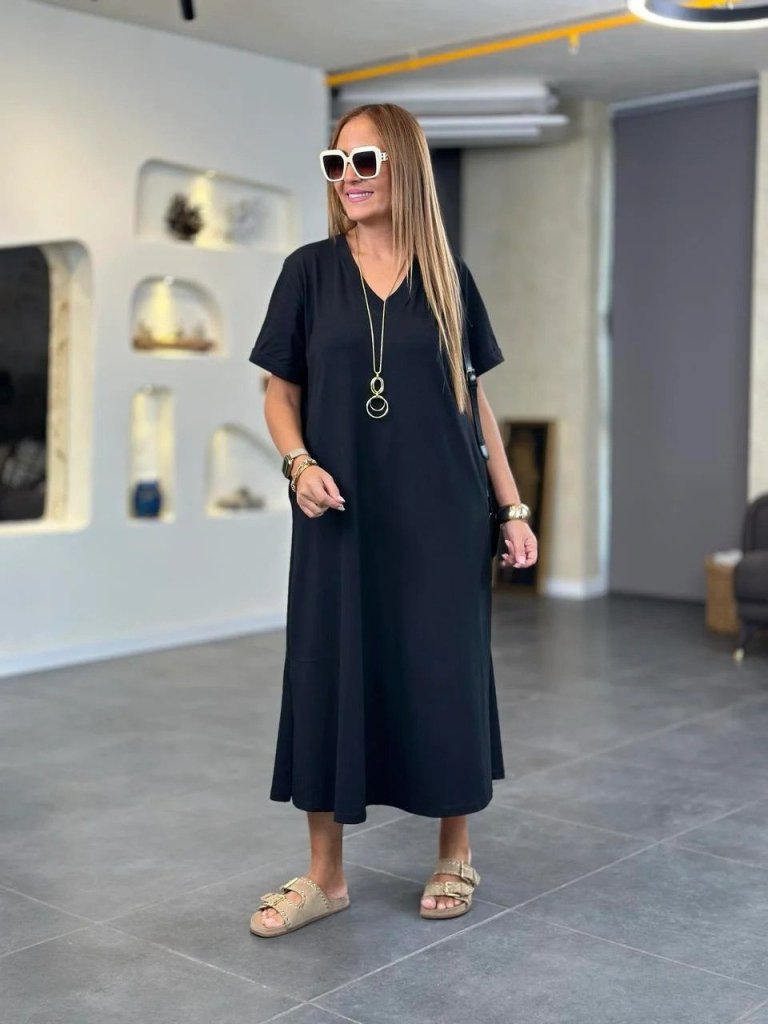 Kadın Kısa Kollu V Yakalı Cep Detaylı Uzun Viskon Iki Iplik Elbise Kadın Kısa Kollu V Yakalı Cep Detaylı Uzun Viskon Iki Iplik Elbise